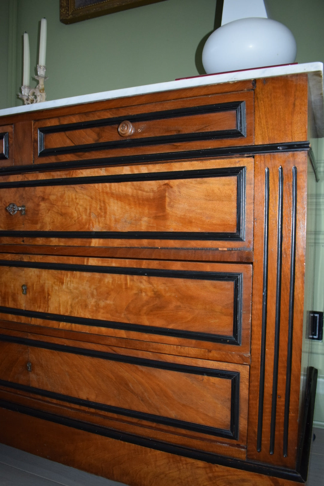 Stunning Burl wood Neoclassical Louis French Antique Marble Top Chest of Drawers Dresser