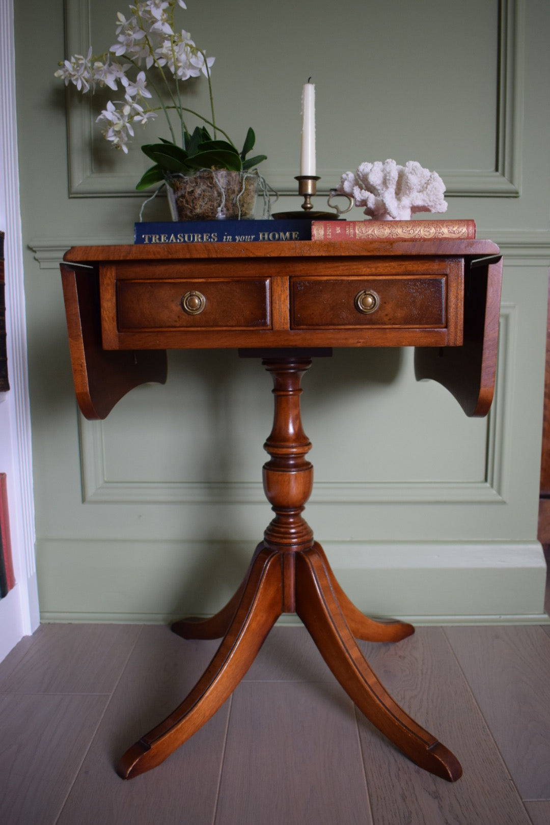 Bevan Funnell style Flamed mahogany Occasional table with 2 drawers and Green leather top