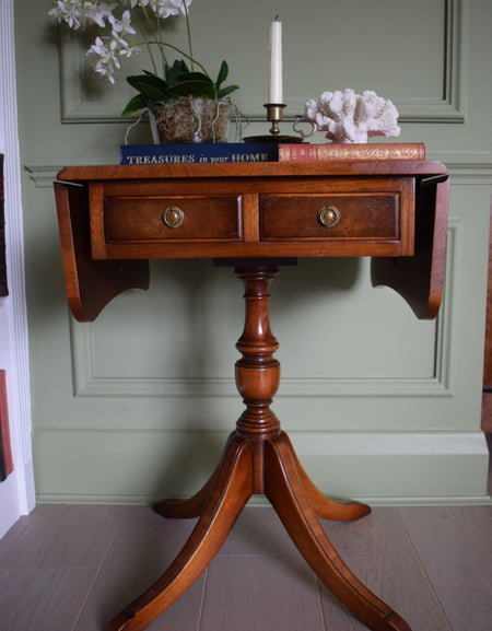 Bevan Funnell style Flamed mahogany Occasional table with 2 drawers and Green leather top