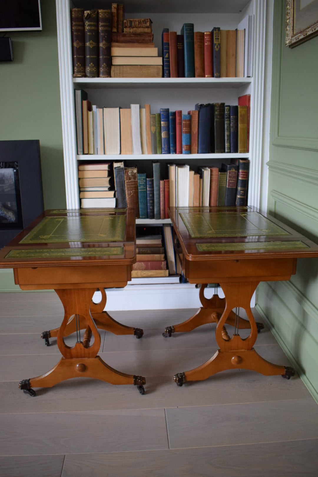 STUNNING Pair Of Flamed Mahogany Bedside Or End Wine Tables With Green Leather Top and Paw castors Bevan Funnell