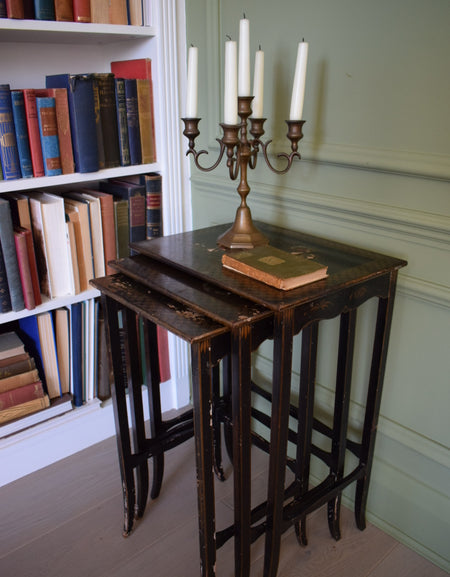 Antique black lacquered Ebonised Chinoiserie nest of tables