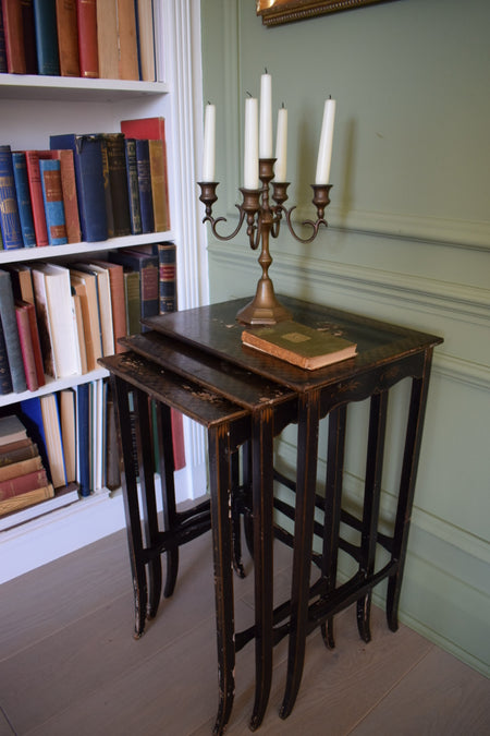Antique black lacquered Ebonised Chinoiserie nest of tables