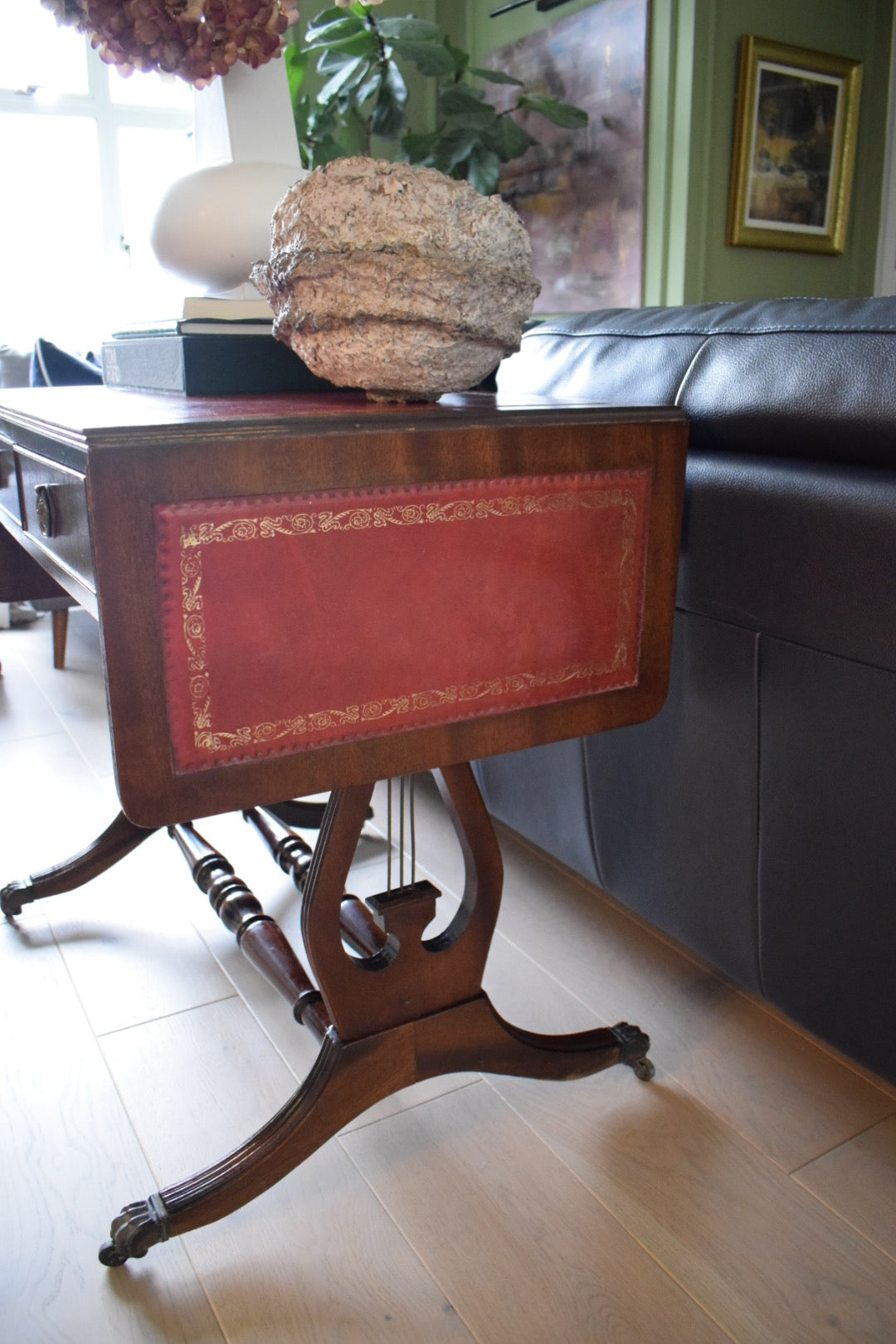 Vintage Regency Bevan Funnell style drop leaf leather top sofa table