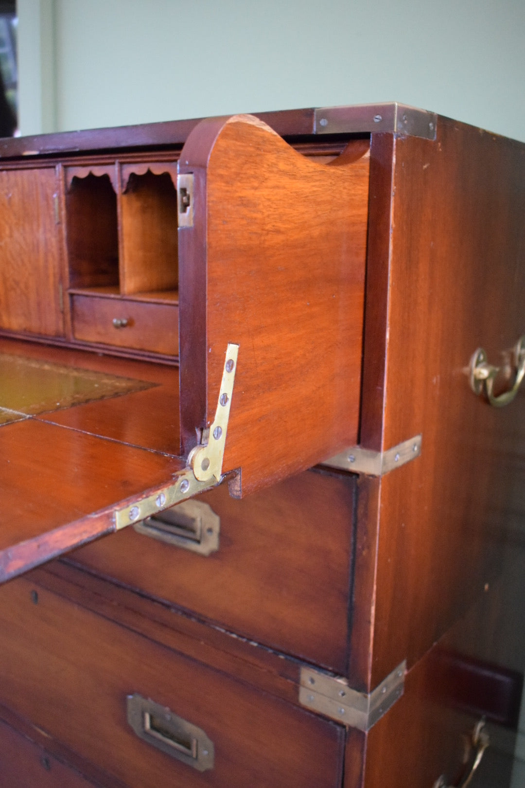 Rare Late 1800s Victorian Military Campaign Built in Secretaire with Chest of drawers