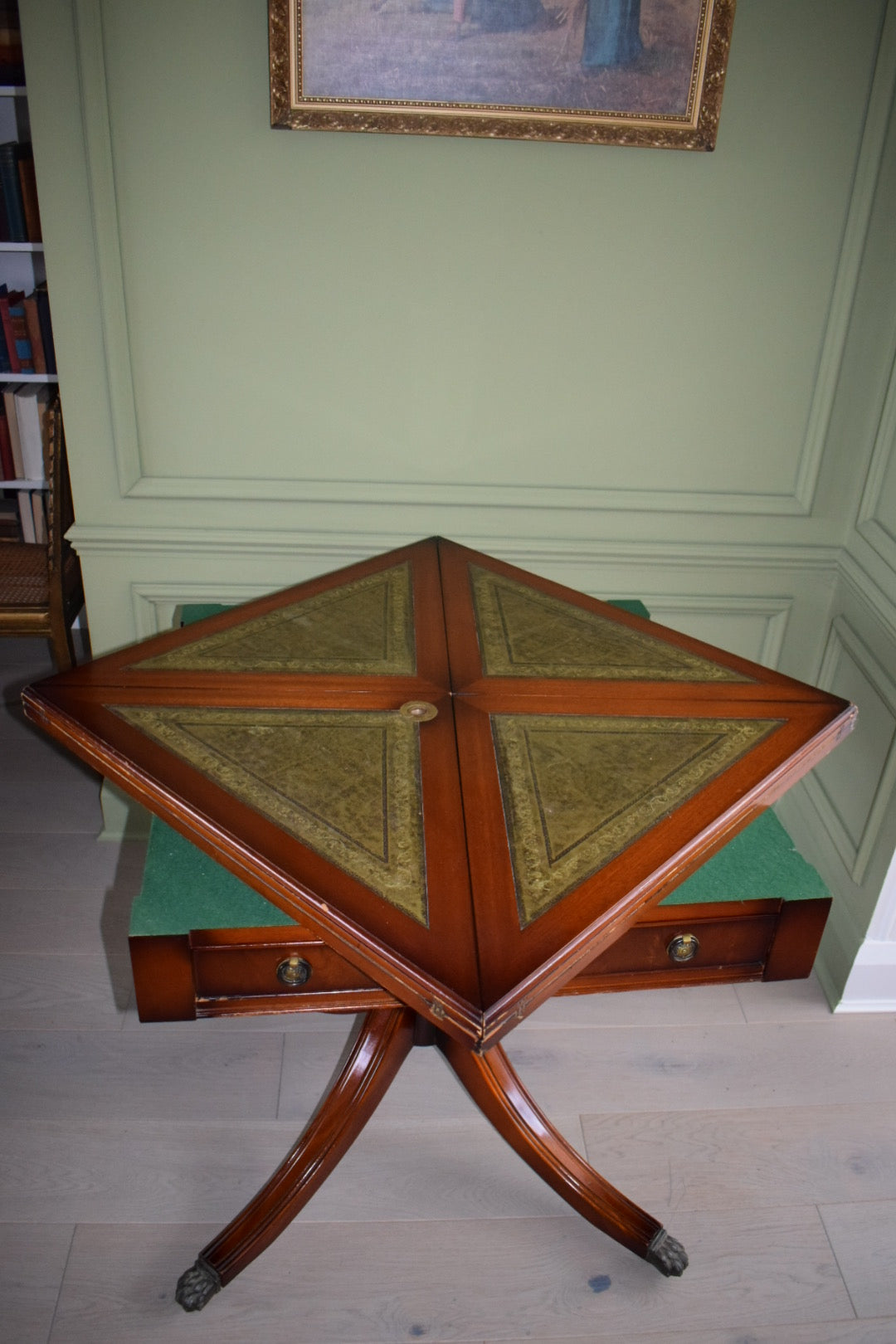 Stunning Bevan Funnell Games / Large Card table on Casters With green Leather Top