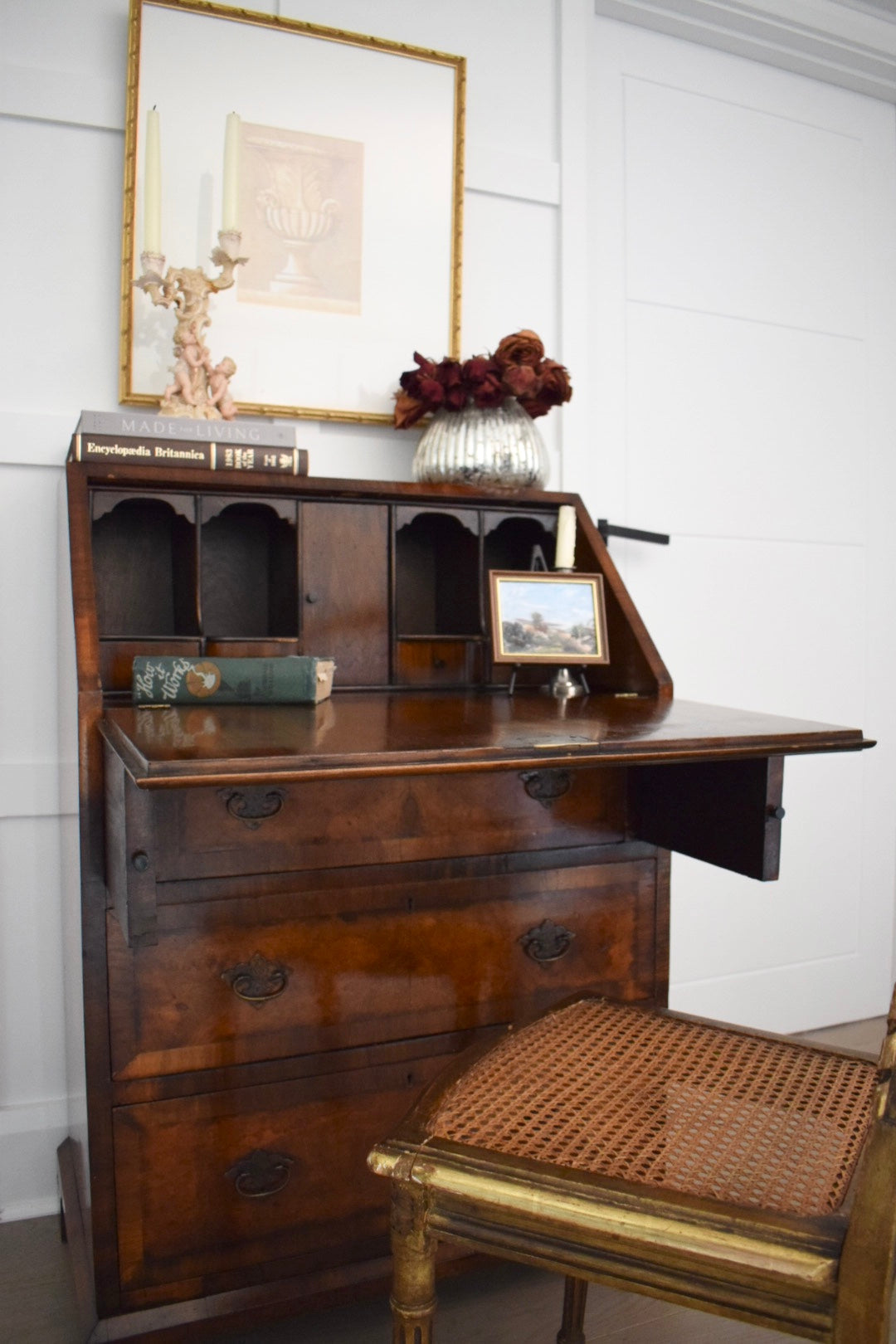 Antique Burr Satin walnut George Bureau desk table c 1910