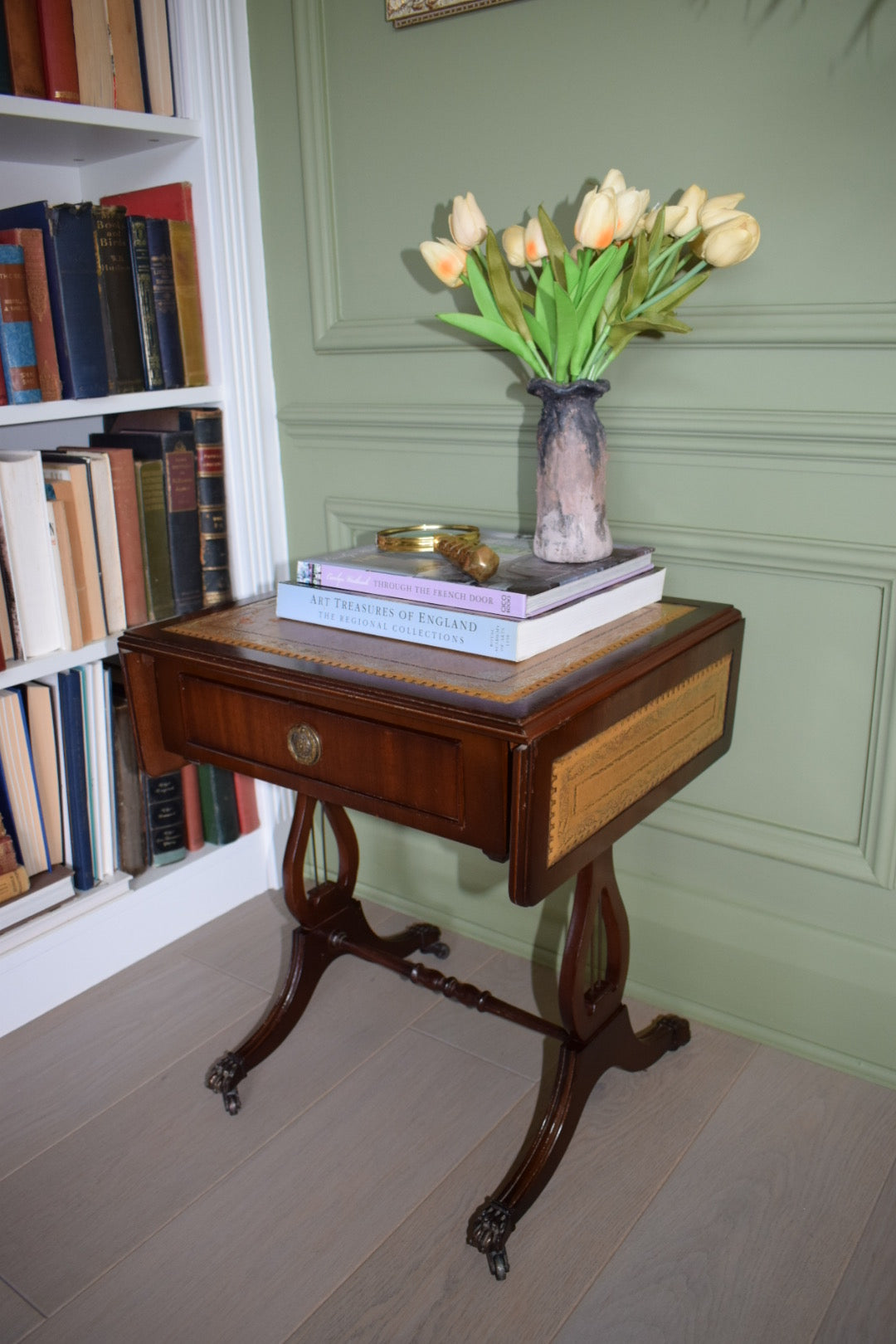 Gorgeous Walnut Bedside Or End Wine Tables With tan Leather Top on castors