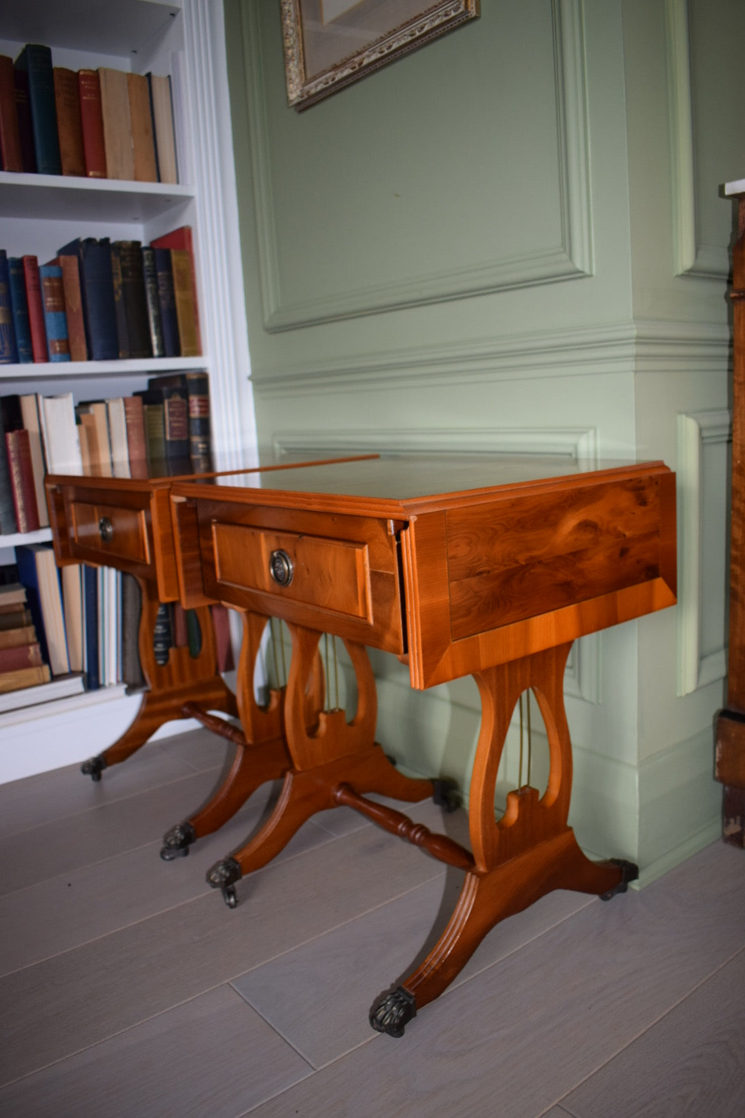 Pair of Antique Burr Walnut Drop Leaf Side Tables with Paw castors Bevan Funnell style