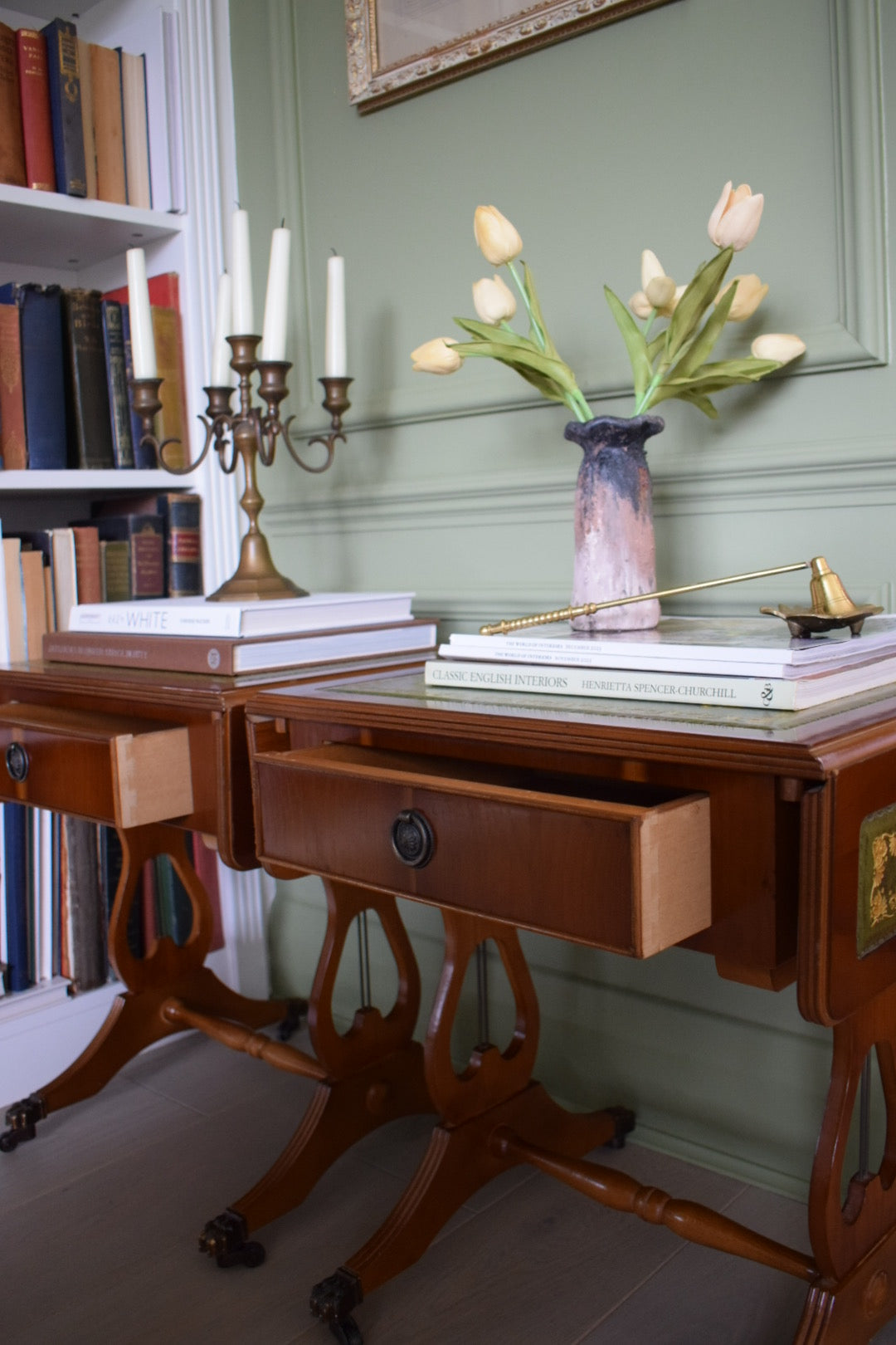 STUNNING Pair Of Flamed Mahogany Bedside Or End Wine Tables With Green Leather Top and Paw castors Bevan Funnell