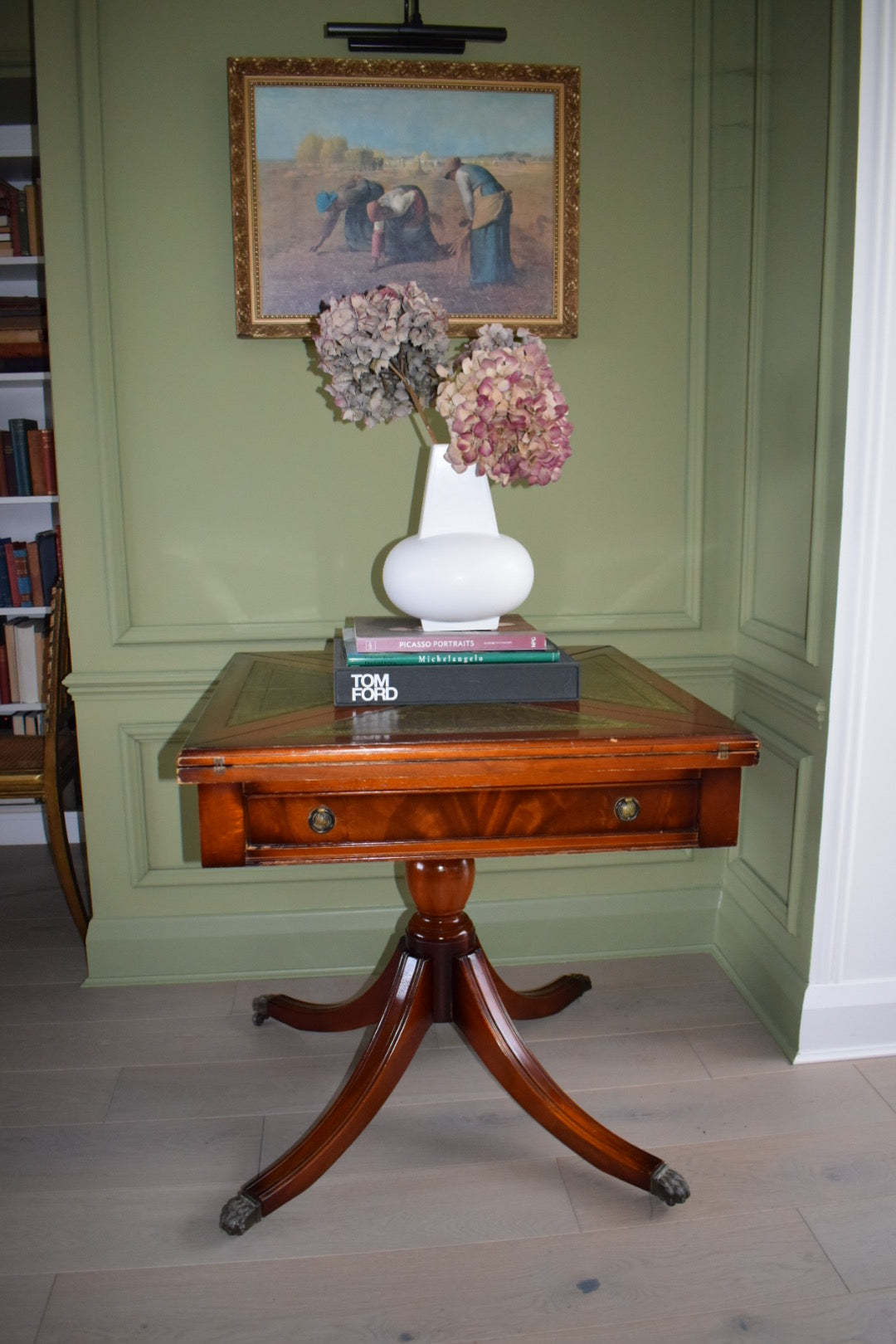 Stunning Bevan Funnell Games / Large Card table on Casters With green Leather Top