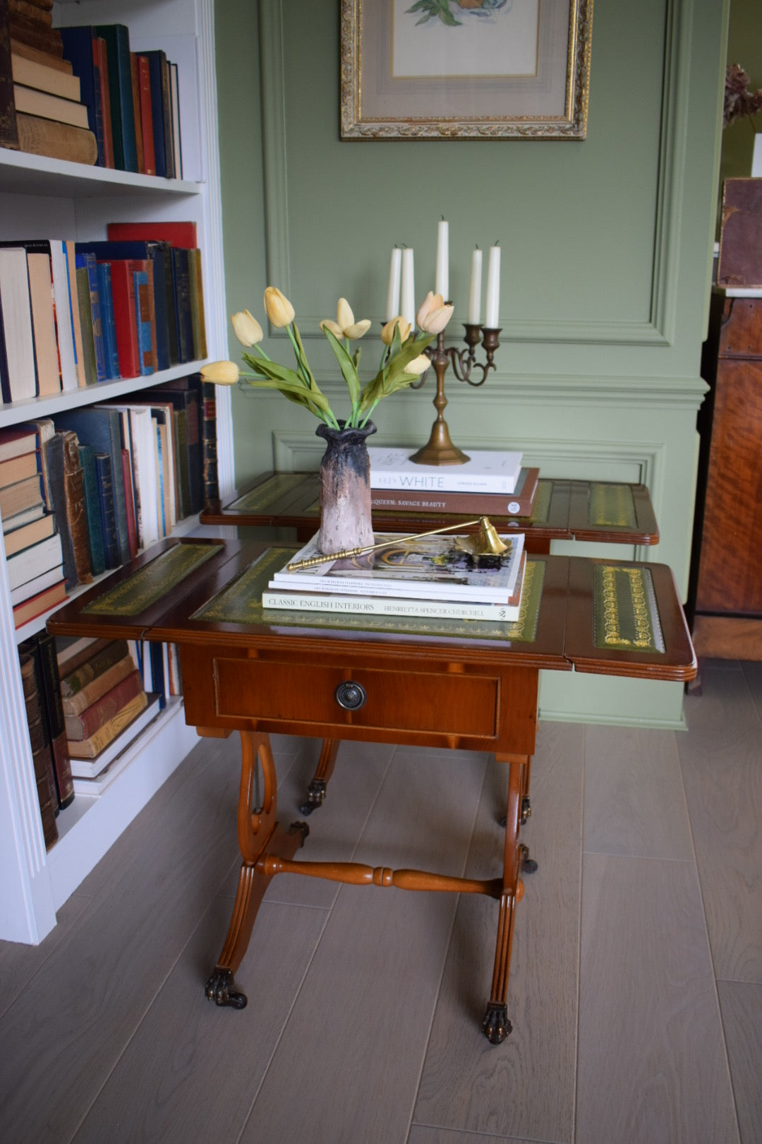 STUNNING Pair Of Flamed Mahogany Bedside Or End Wine Tables With Green Leather Top and Paw castors Bevan Funnell