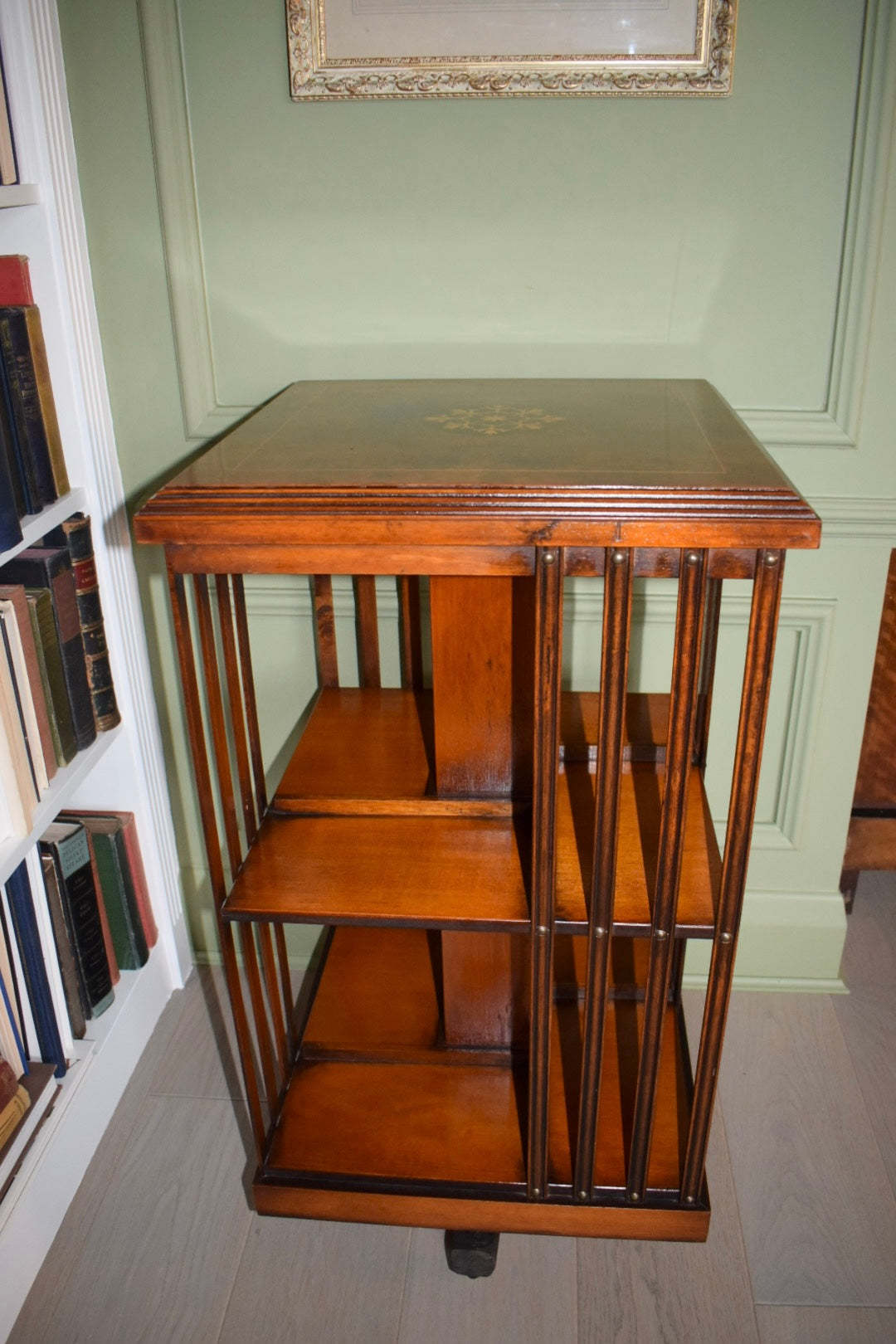 Rare Antique Sheraton Revival Burr Elm & Satinwood Revolving Bookcase