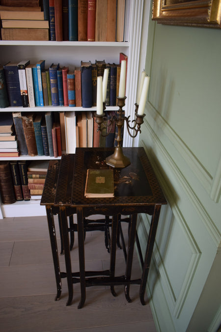 Antique black lacquered Ebonised Chinoiserie nest of tables