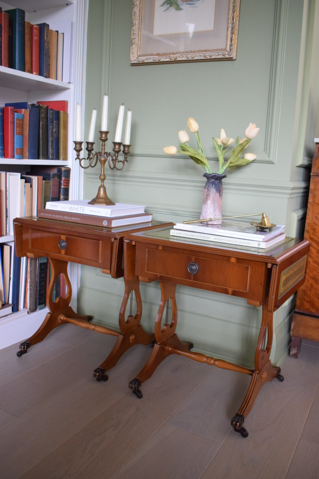 STUNNING Pair Of Flamed Mahogany Bedside Or End Wine Tables With Green Leather Top and Paw castors Bevan Funnell