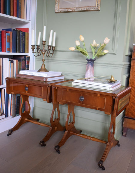 STUNNING Pair Of Flamed Mahogany Bedside Or End Wine Tables With Green Leather Top and Paw castors Bevan Funnell