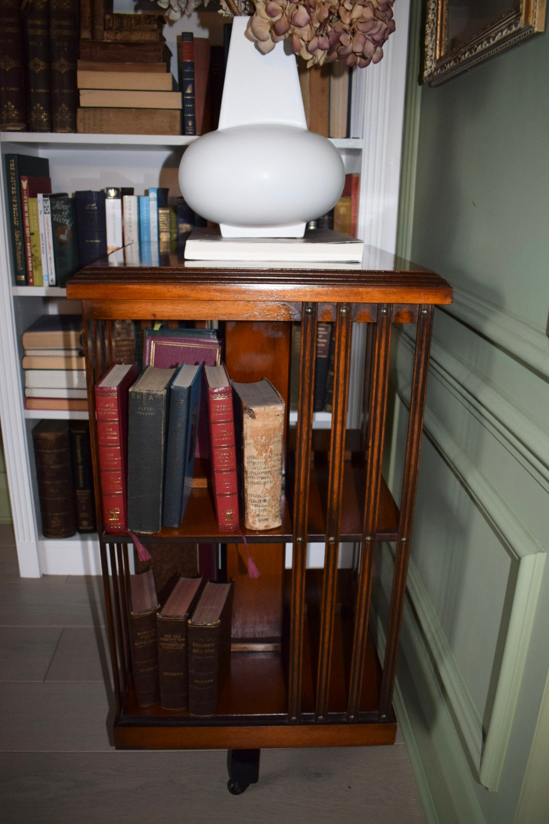 Rare Antique Sheraton Revival Burr Elm & Satinwood Revolving Bookcase