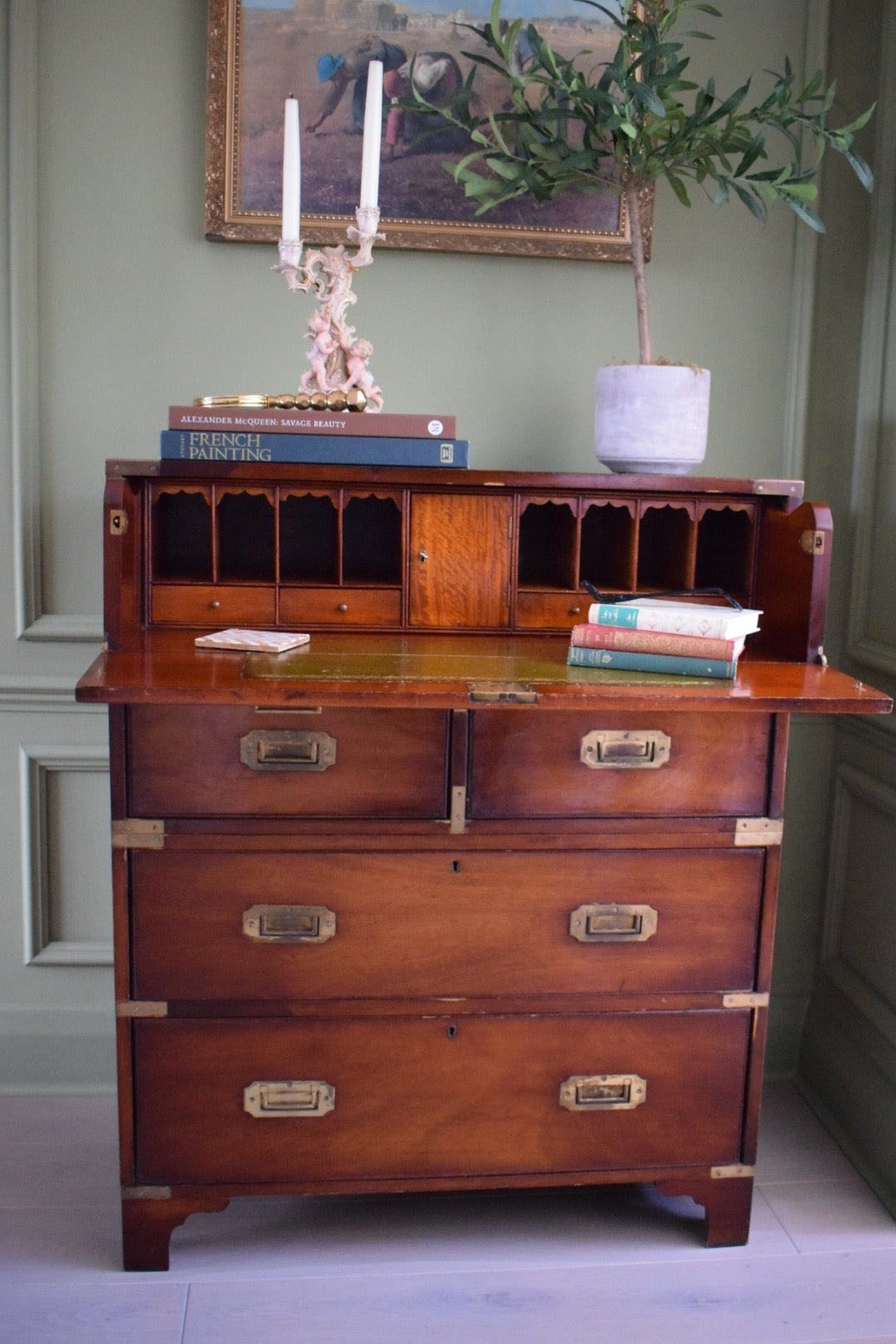 Rare Late 1800s Victorian Military Campaign Built in Secretaire with Chest of drawers