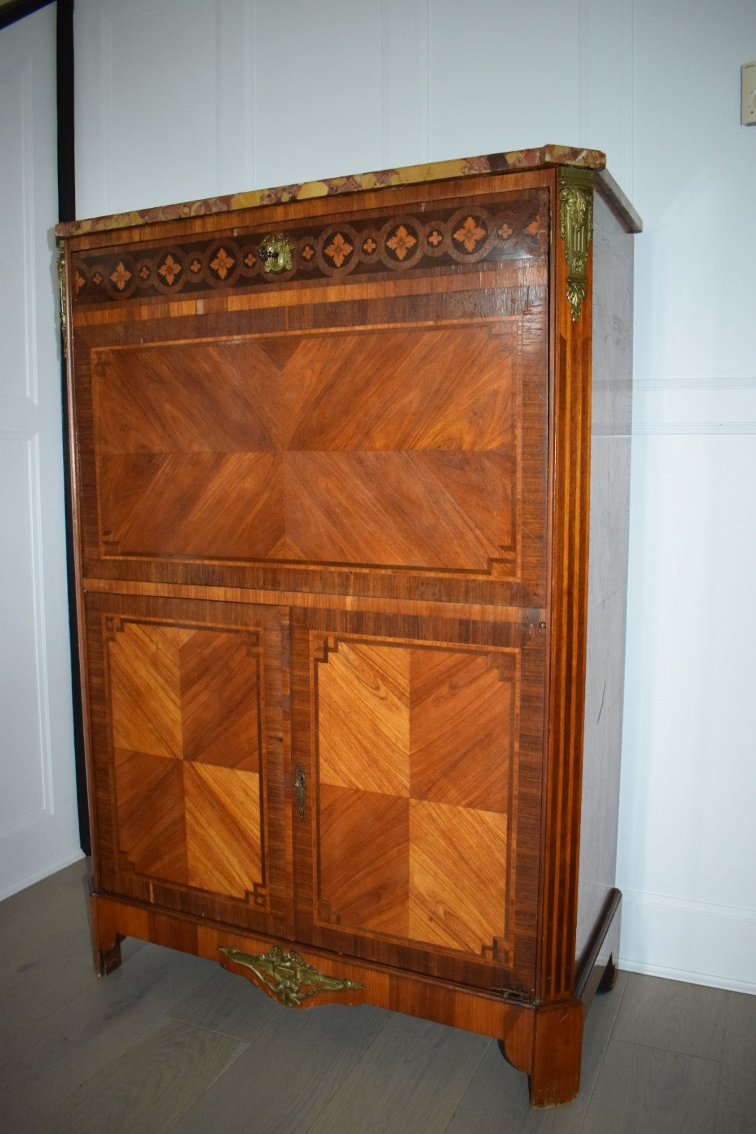 19th Century Louis XVI Walnut Fall Front Marquetry Secretaire Bureau Chest