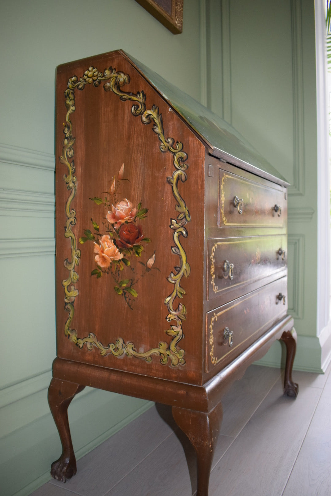 Unique Vintage Chippendale Style Bureau With Hand Painted Landscape And Floral Design