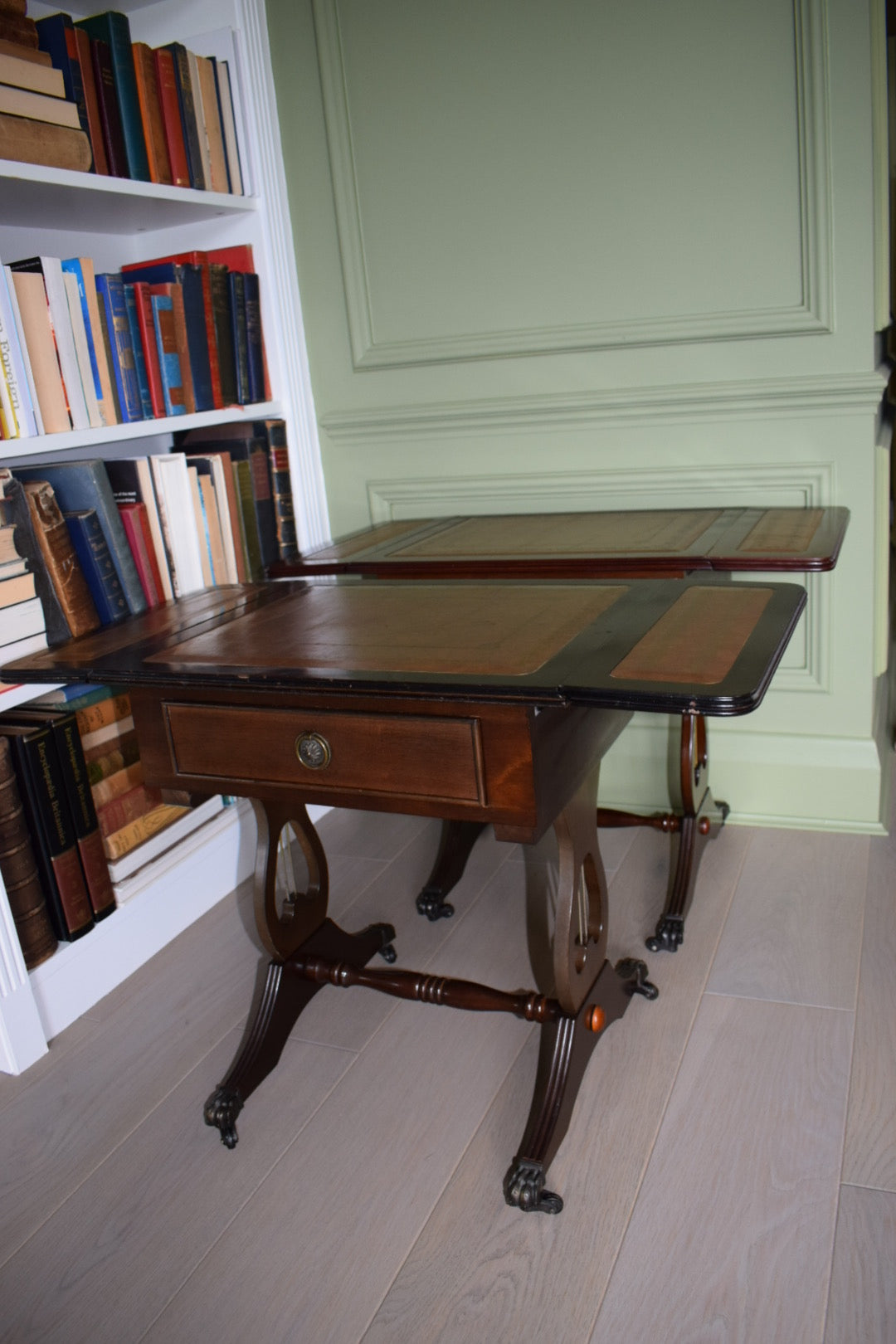 Gorgeous Pair Of Flamed Mahogany Bedside Or End Wine Tables With Tan Leather Top and Paw castors Bevan Funnell