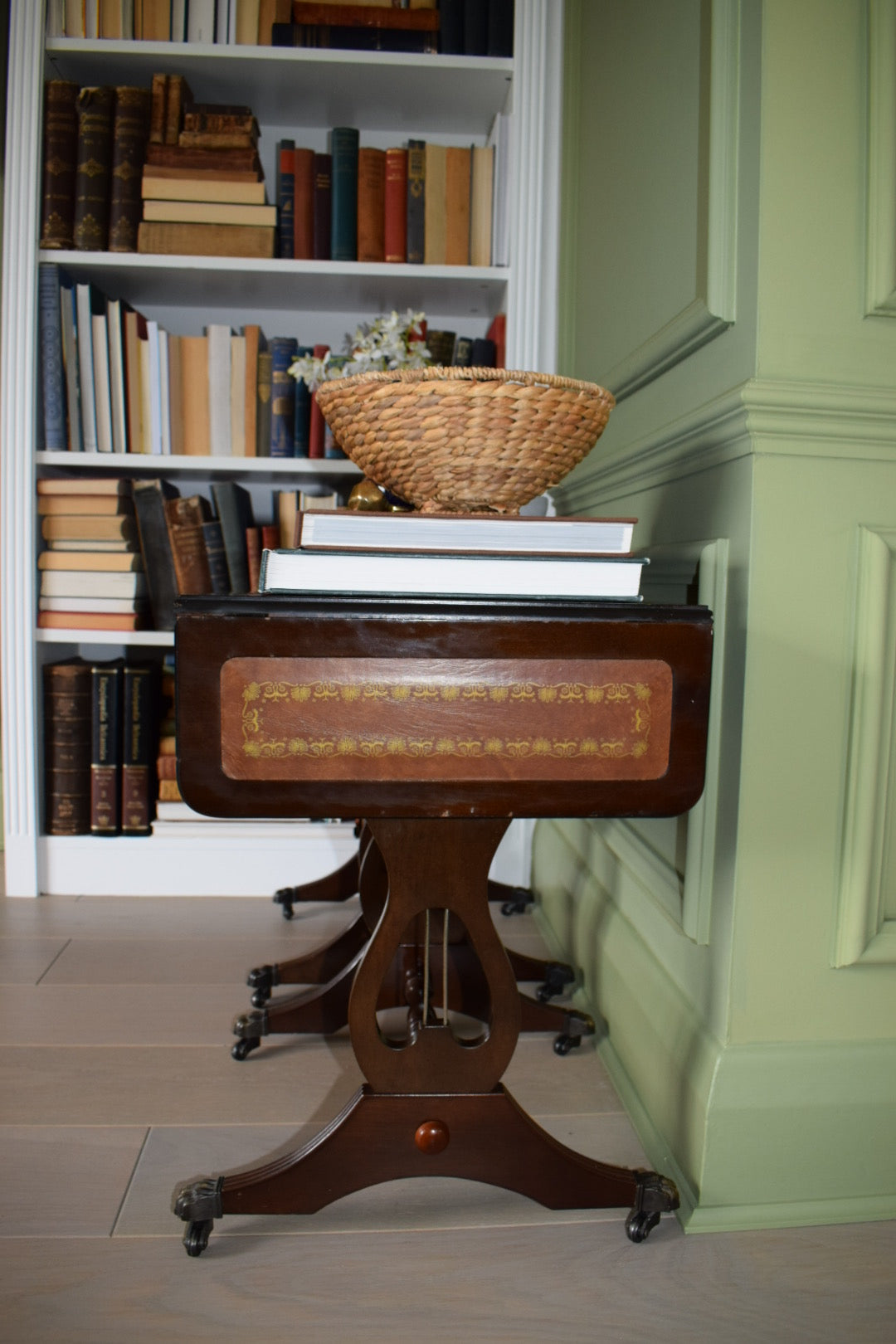 Gorgeous Pair Of Flamed Mahogany Bedside Or End Wine Tables With Tan Leather Top and Paw castors Bevan Funnell