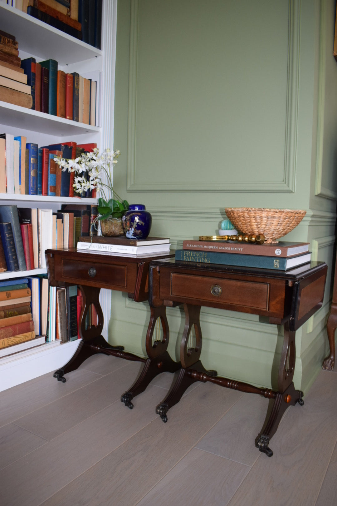 Gorgeous Pair Of Flamed Mahogany Bedside Or End Wine Tables With Tan Leather Top and Paw castors Bevan Funnell