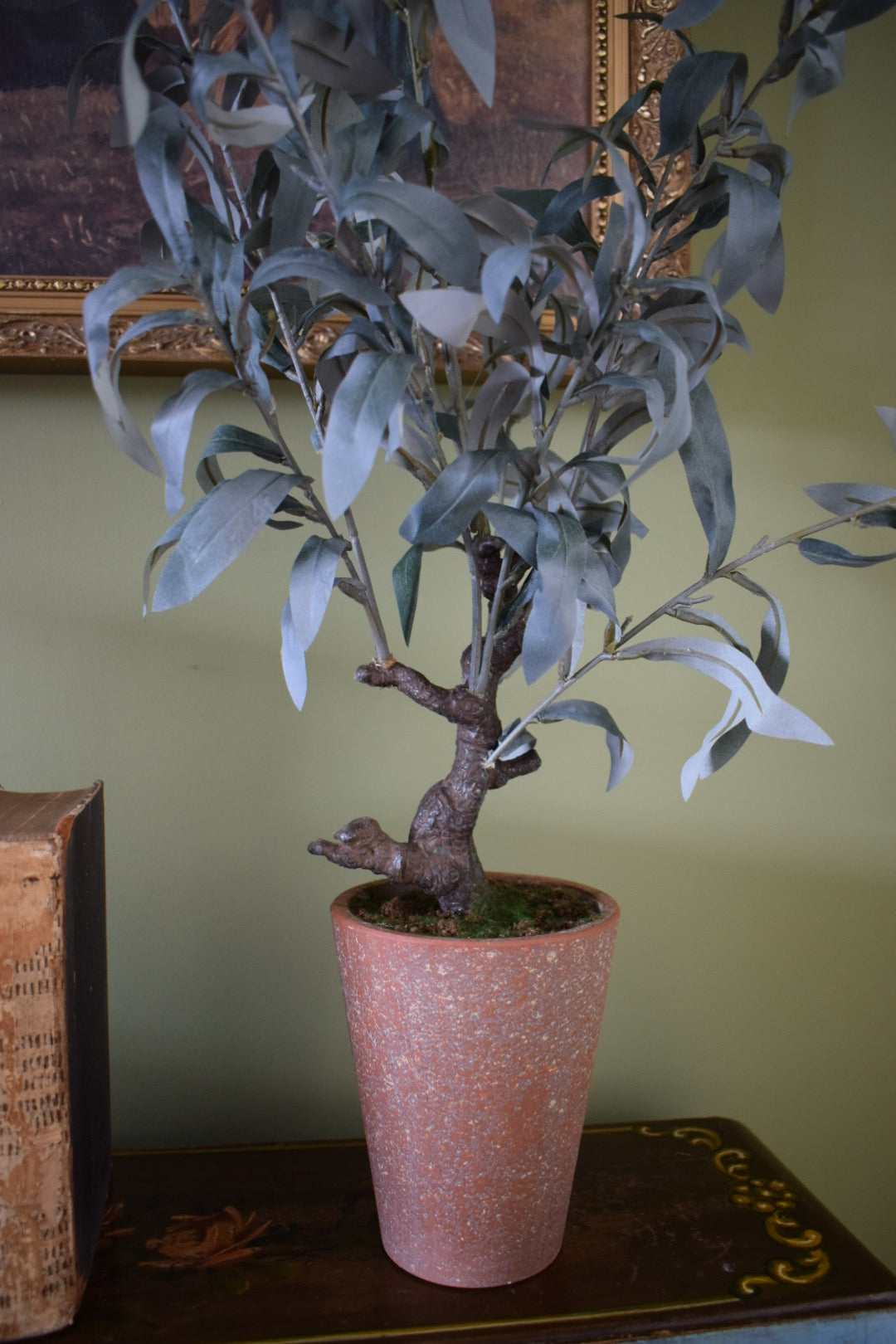 Faux Artificial Small Olive Tree in rustic pot with moss H 60cm