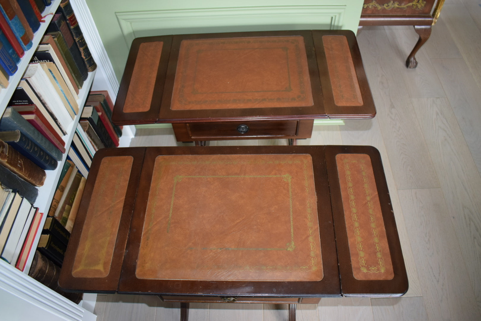 Gorgeous Pair Of Flamed Mahogany Bedside Or End Wine Tables With Tan Leather Top and Paw castors Bevan Funnell