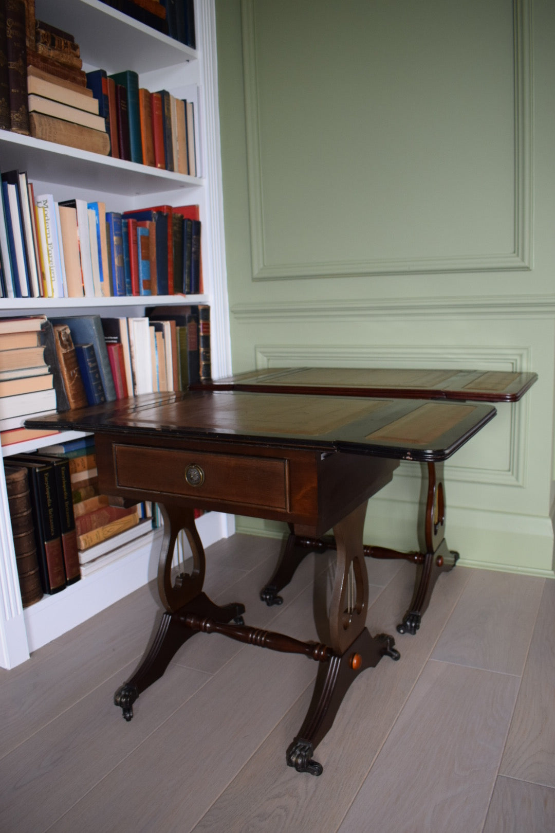 Gorgeous Pair Of Flamed Mahogany Bedside Or End Wine Tables With Tan Leather Top and Paw castors Bevan Funnell