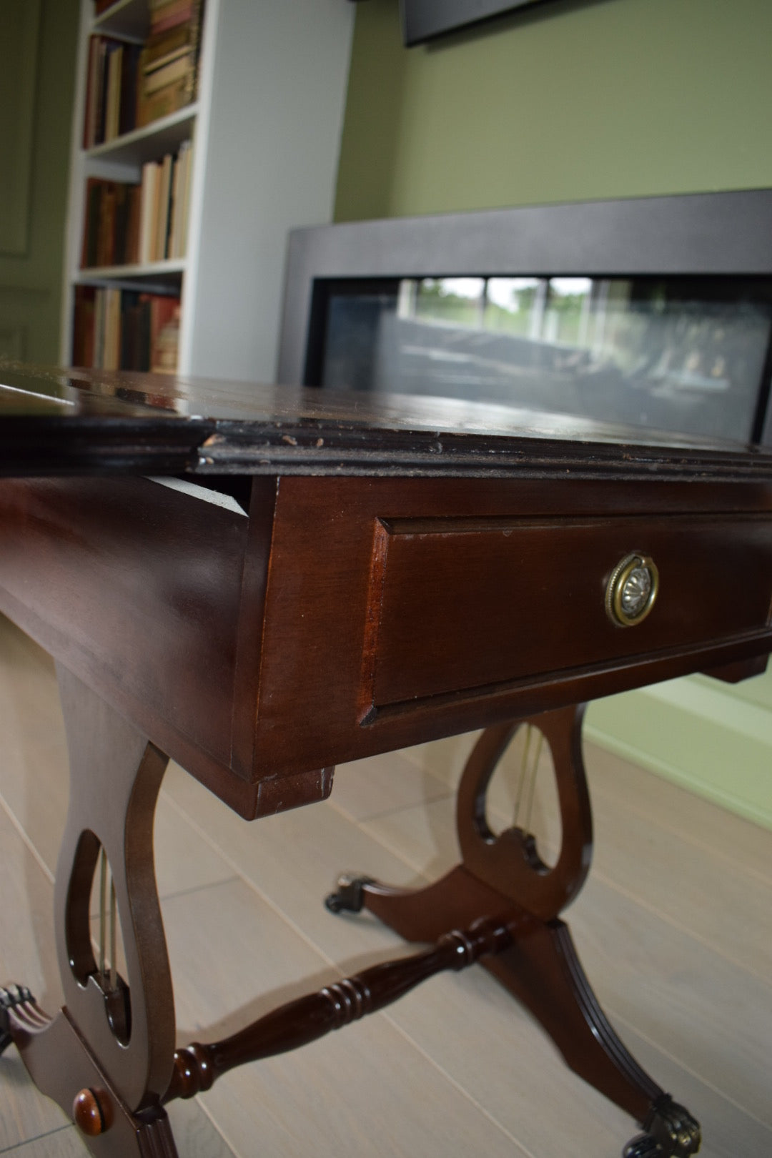 Gorgeous Pair Of Flamed Mahogany Bedside Or End Wine Tables With Tan Leather Top and Paw castors Bevan Funnell