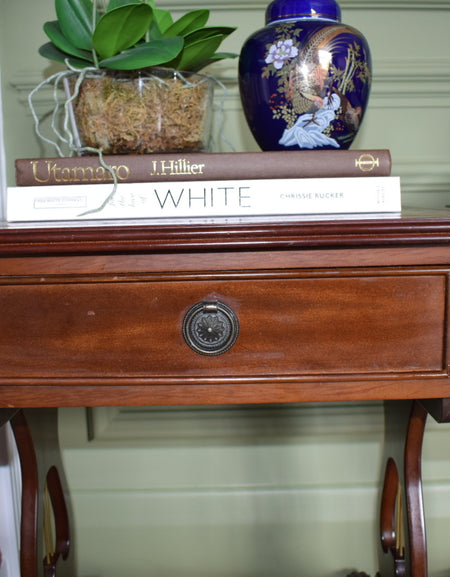 Gorgeous Pair Of Flamed Mahogany Bedside Or End Wine Tables With Tan Leather Top and Paw castors Bevan Funnell