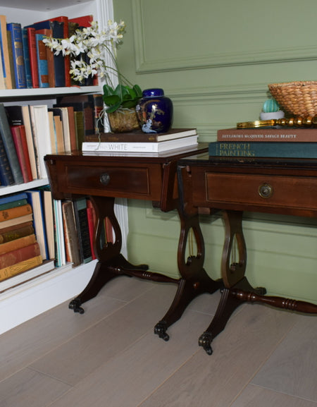 Gorgeous Pair Of Flamed Mahogany Bedside Or End Wine Tables With Tan Leather Top and Paw castors Bevan Funnell