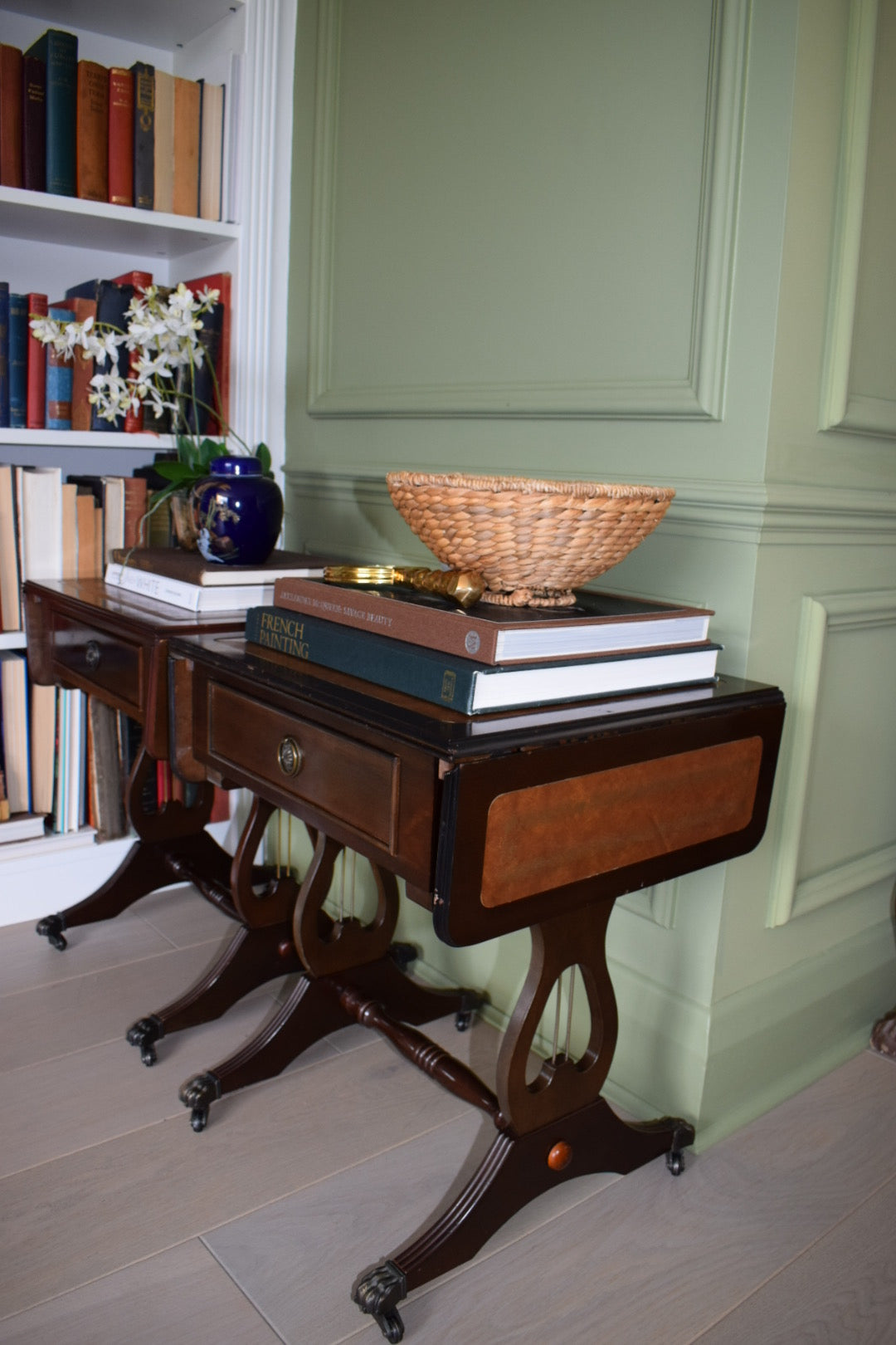 Gorgeous Pair Of Flamed Mahogany Bedside Or End Wine Tables With Tan Leather Top and Paw castors Bevan Funnell