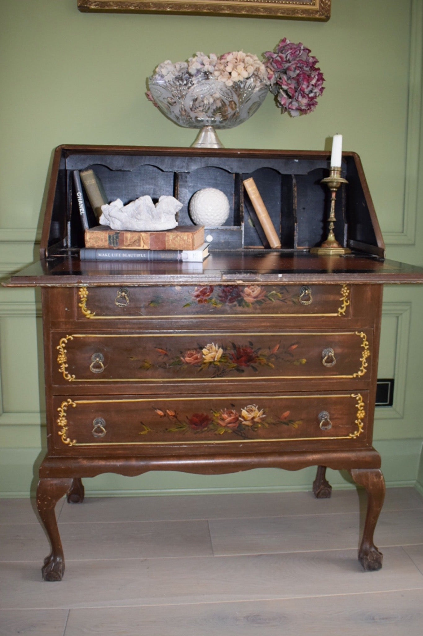 Unique Vintage Chippendale Style Bureau With Hand Painted Landscape And Floral Design