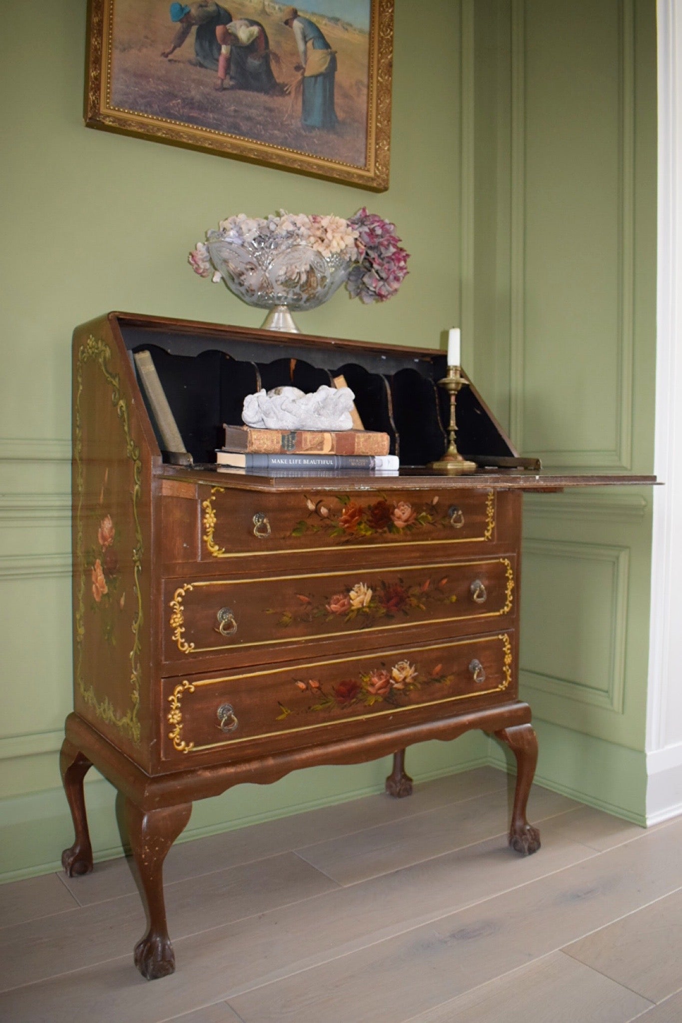 Unique Vintage Chippendale Style Bureau With Hand Painted Landscape And Floral Design