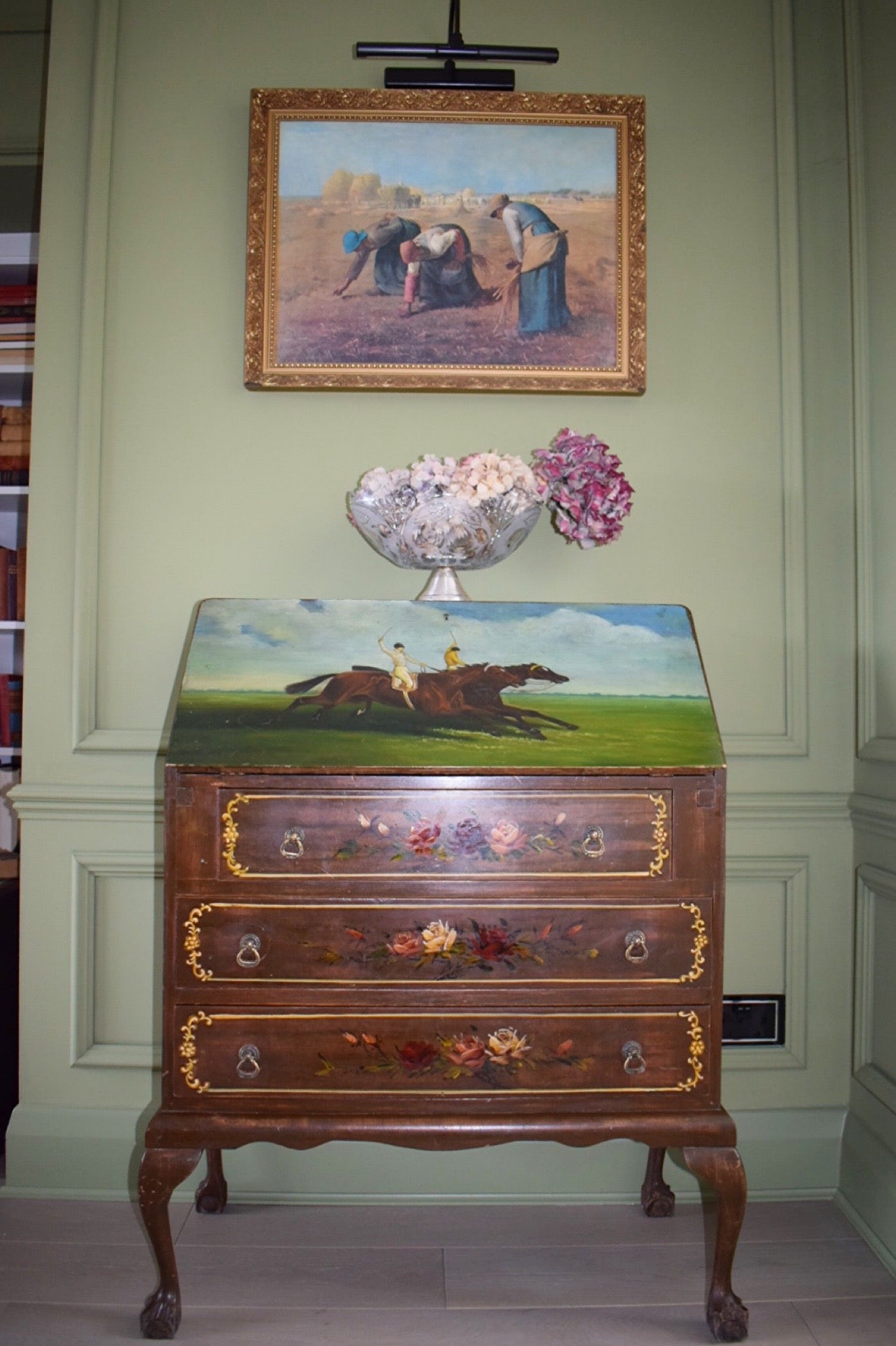 Unique Vintage Chippendale Style Bureau With Hand Painted Landscape And Floral Design