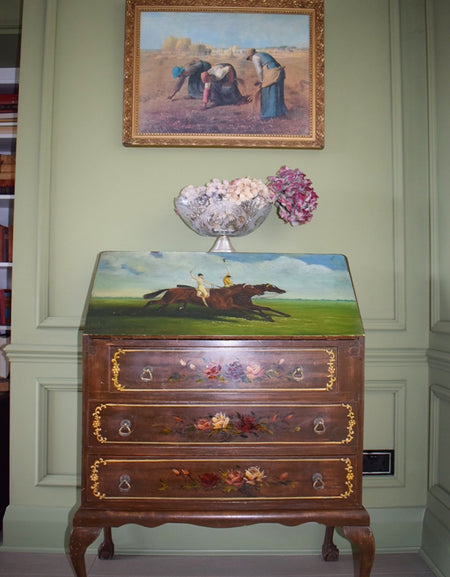 Unique Vintage Chippendale Style Bureau With Hand Painted Landscape And Floral Design