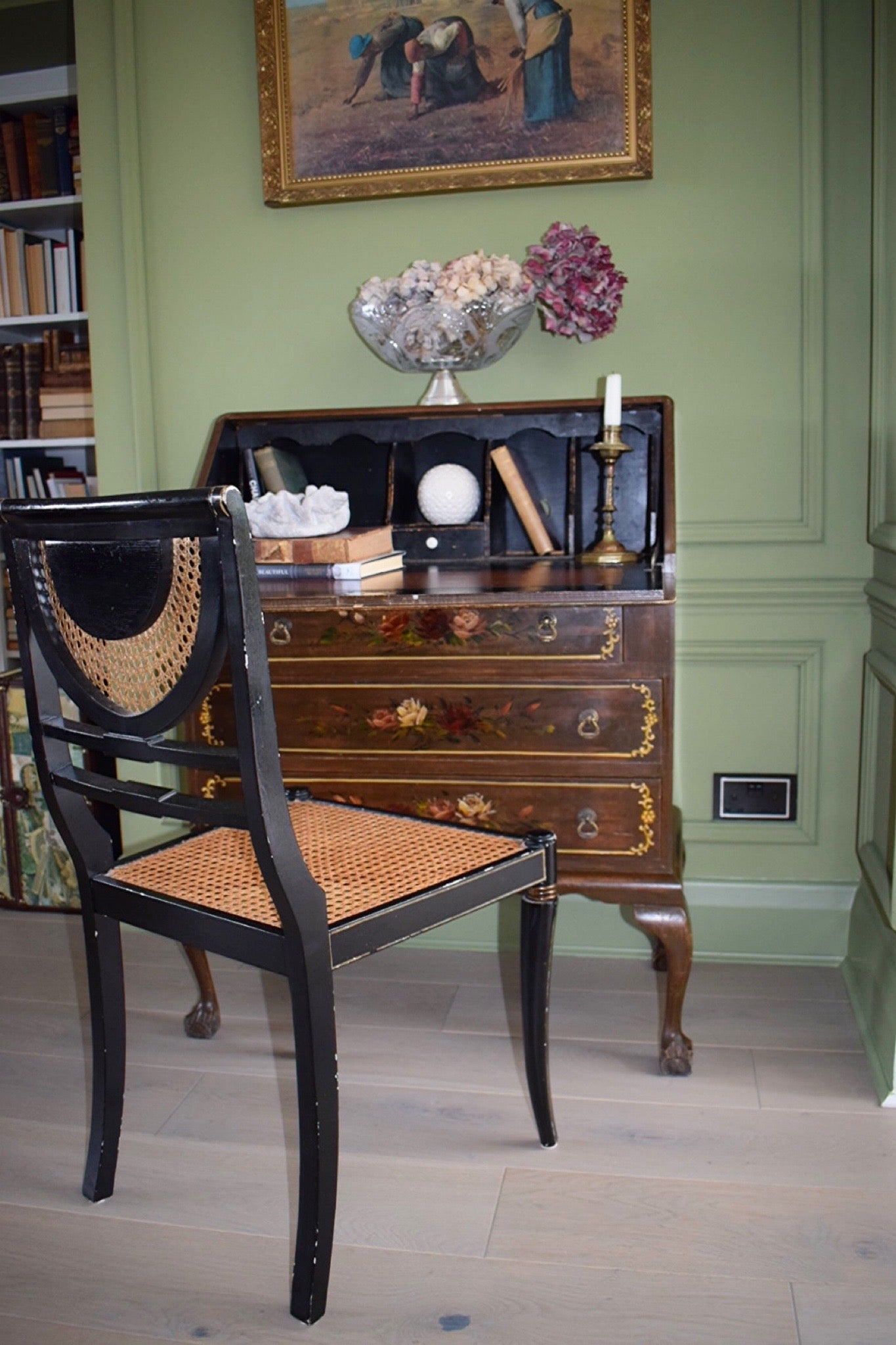 Unique Vintage Chippendale Style Bureau With Hand Painted Landscape And Floral Design