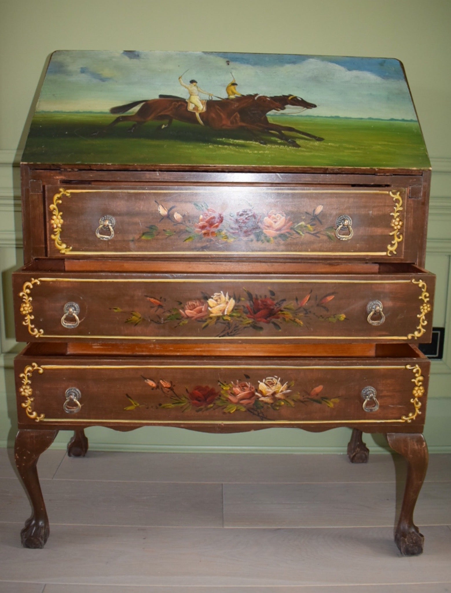 Unique Vintage Chippendale Style Bureau With Hand Painted Landscape And Floral Design