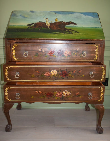 Unique Vintage Chippendale Style Bureau With Hand Painted Landscape And Floral Design