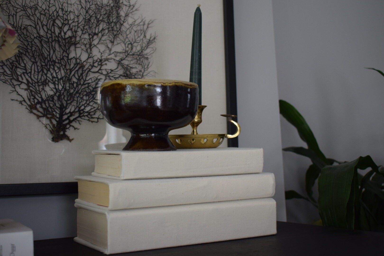 Beige Linen Fabric Covered Coffee Table Books Stack