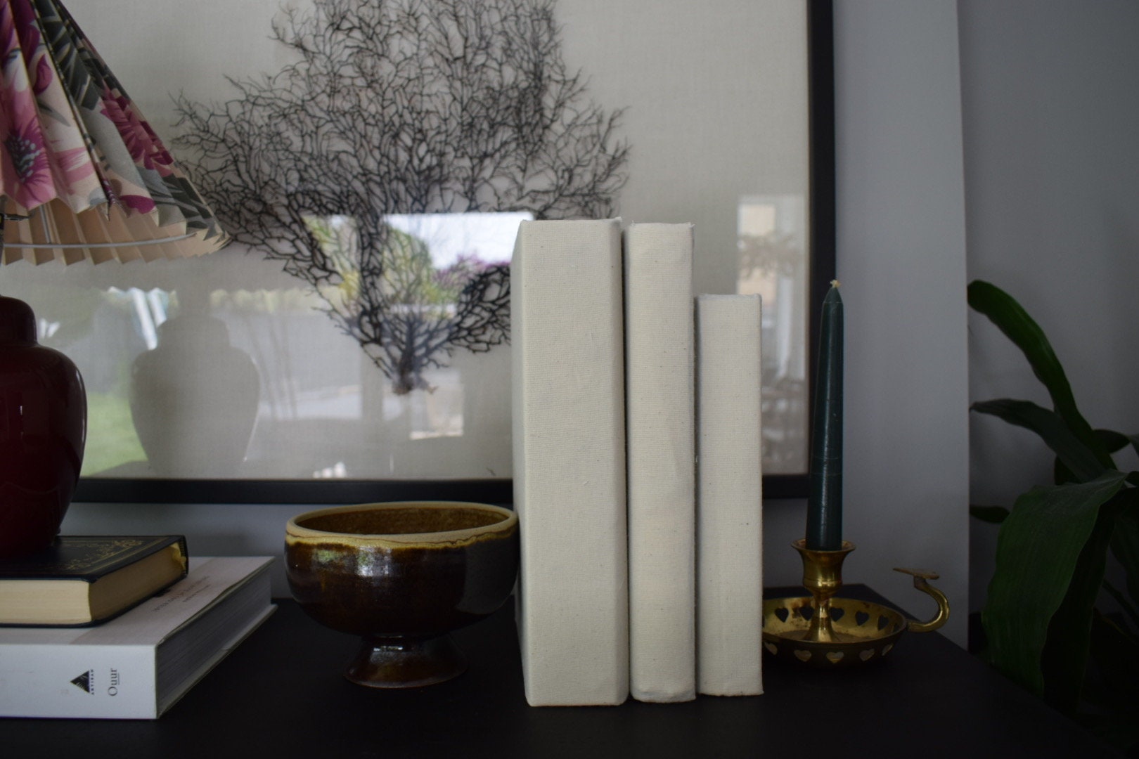 Beige Linen Fabric Covered Coffee Table Books Stack