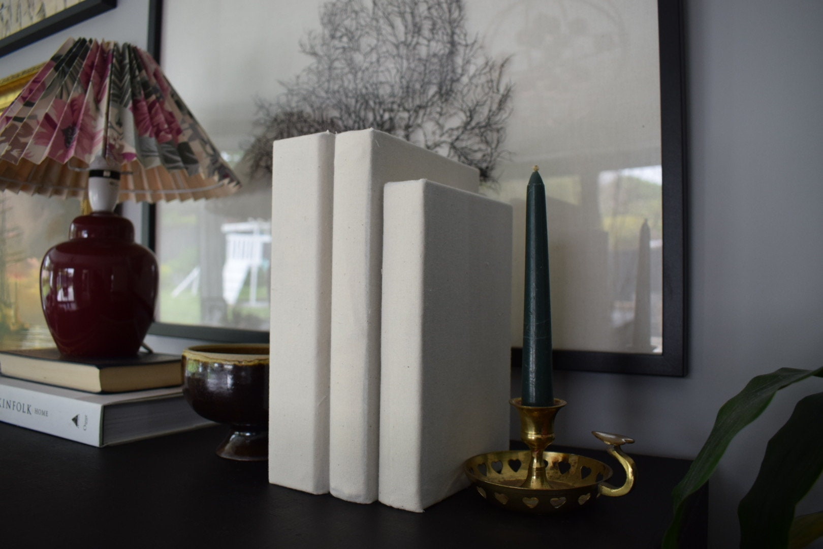 Beige Linen Fabric Covered Coffee Table Books Stack