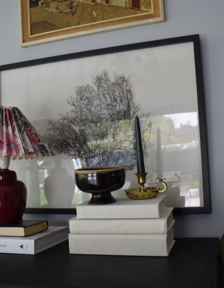 Beige Linen Fabric Covered Coffee Table Books Stack