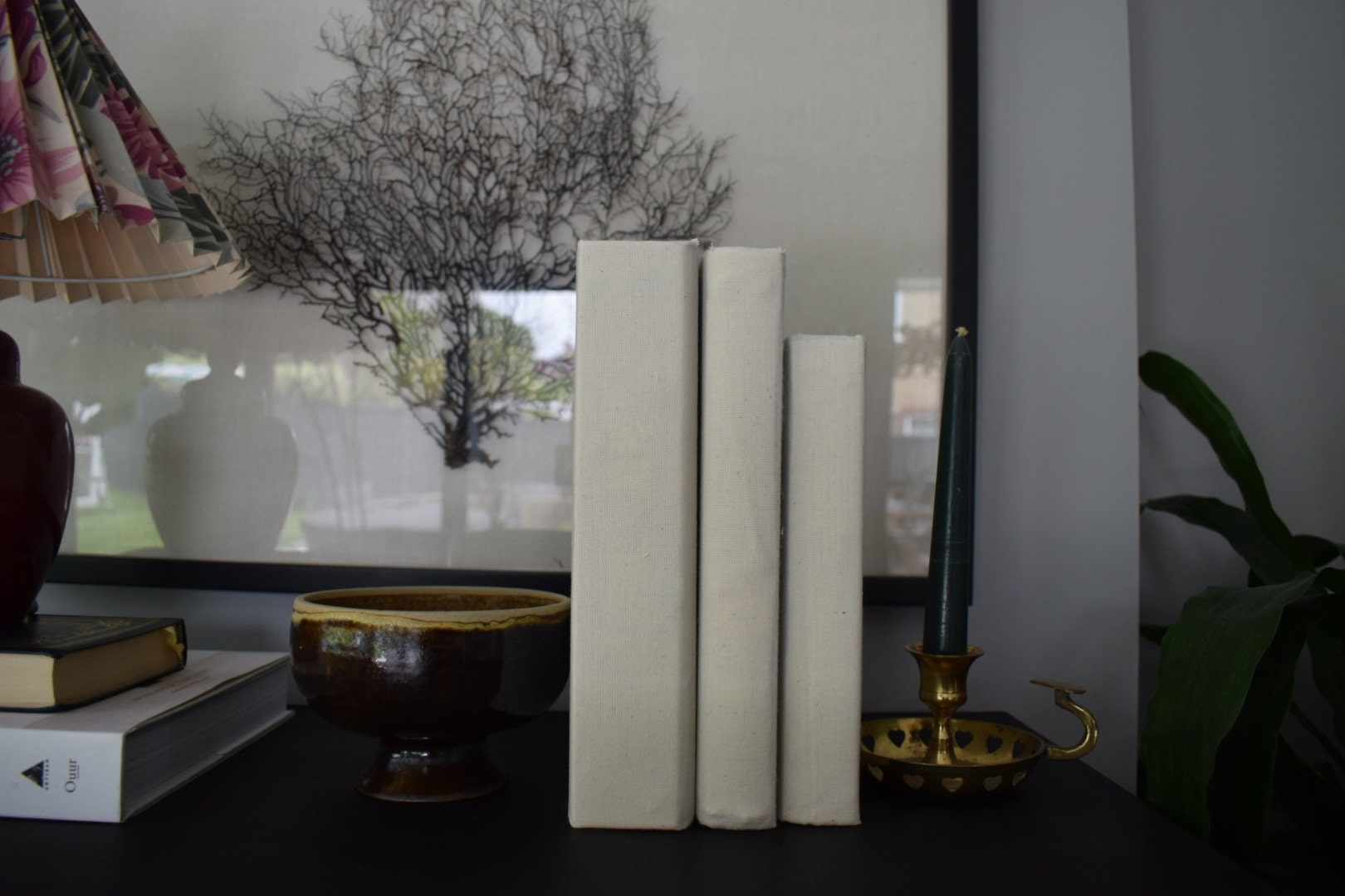 Beige Linen Fabric Covered Coffee Table Books Stack