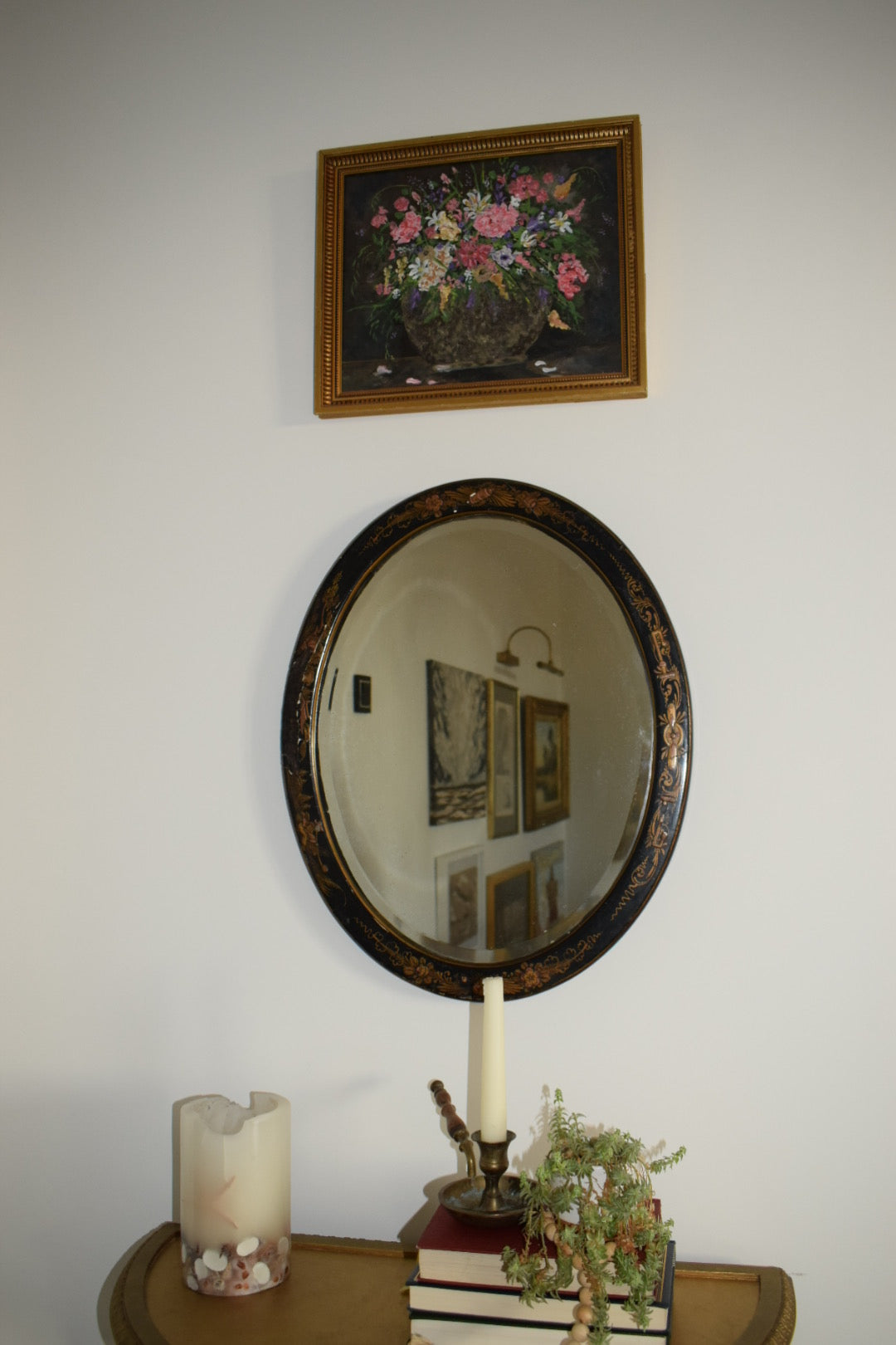 Black Lacquer Oval Chinoiserie mirror