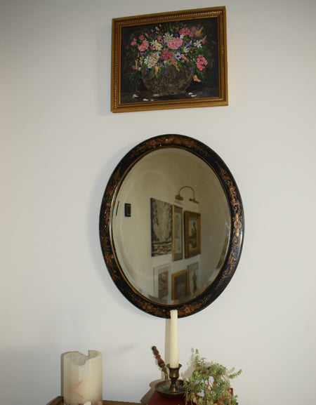 Black Lacquer Oval Chinoiserie mirror