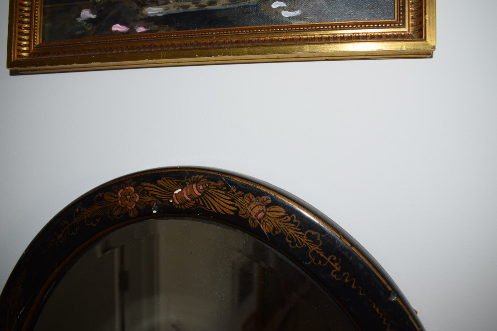 Black Lacquer Oval Chinoiserie mirror