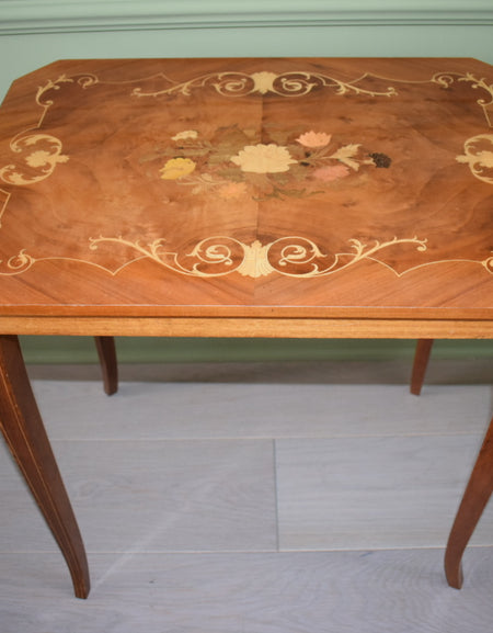 Midcentury Italian Sorrento table with wooden inlay top.