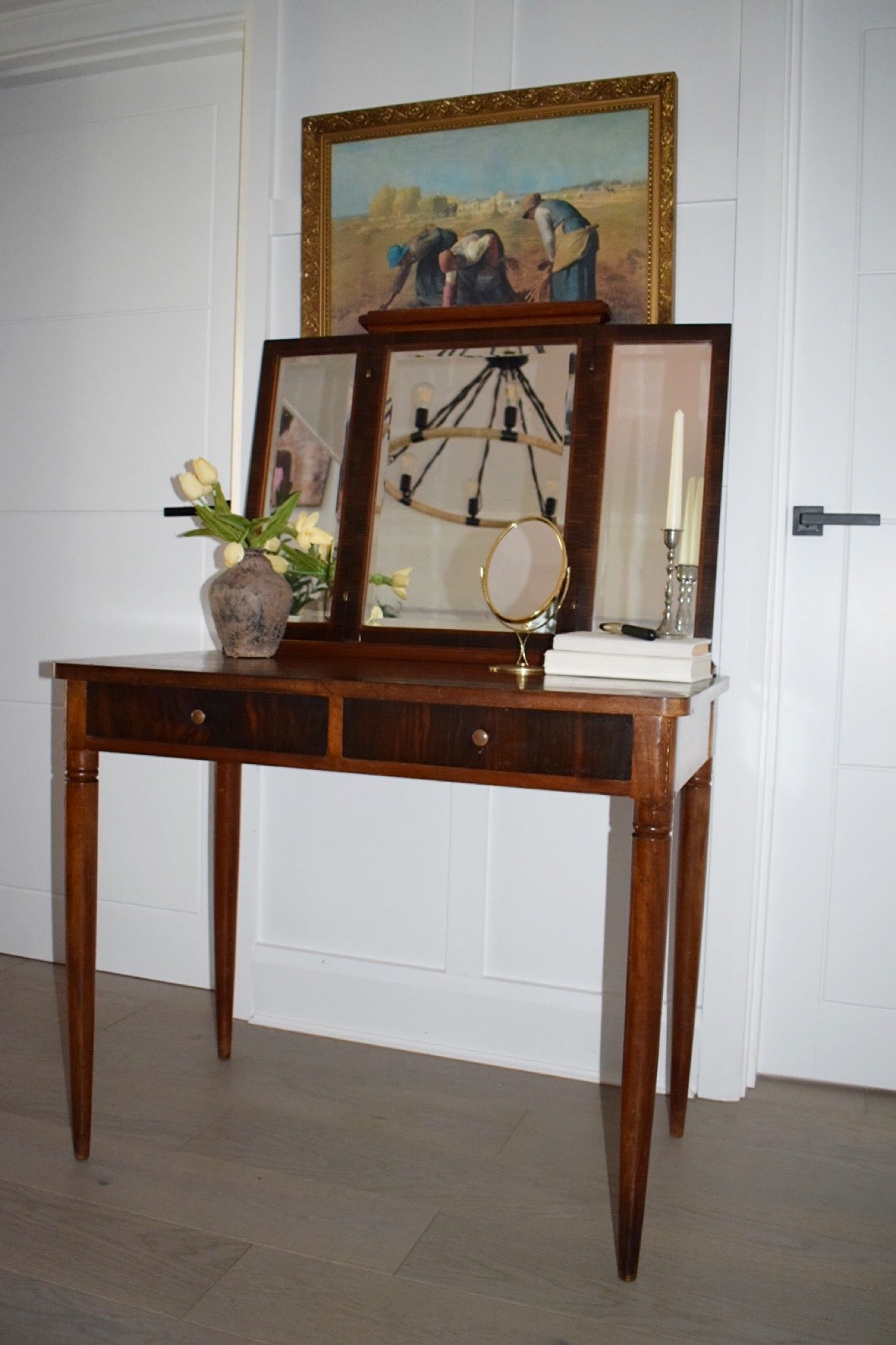 Elegant Antique French Mahogany Dressing Table With Built In Mirror